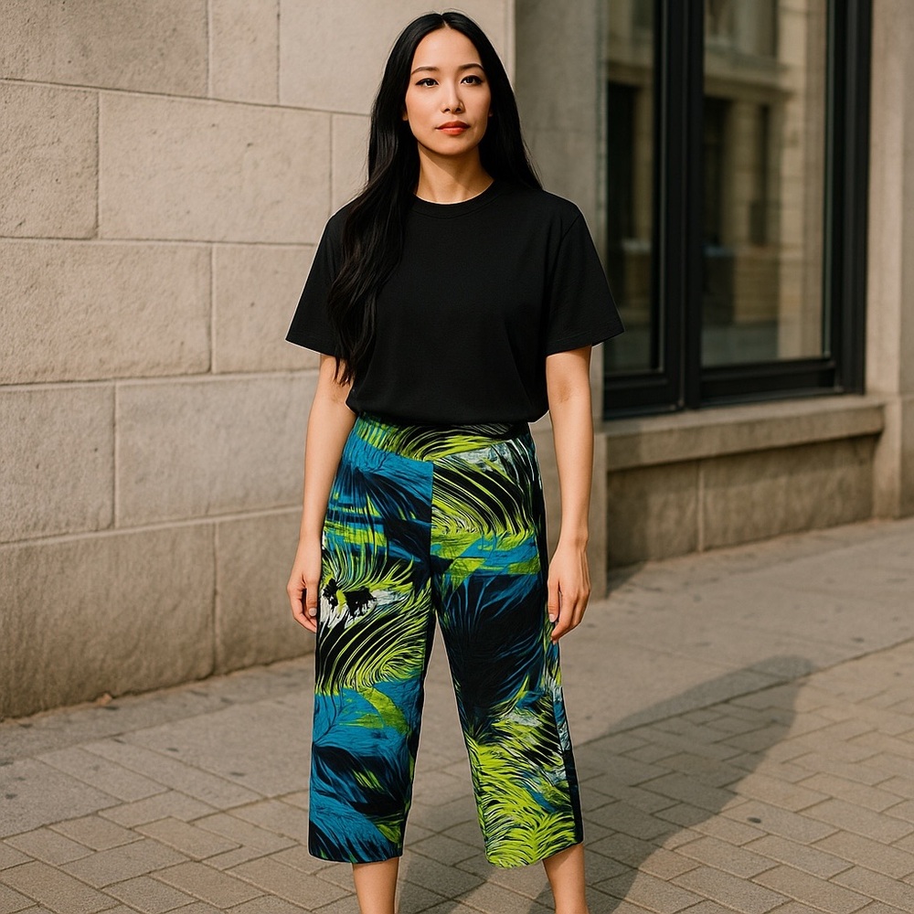 Valentina Green Black Blue Tropical Print Pants